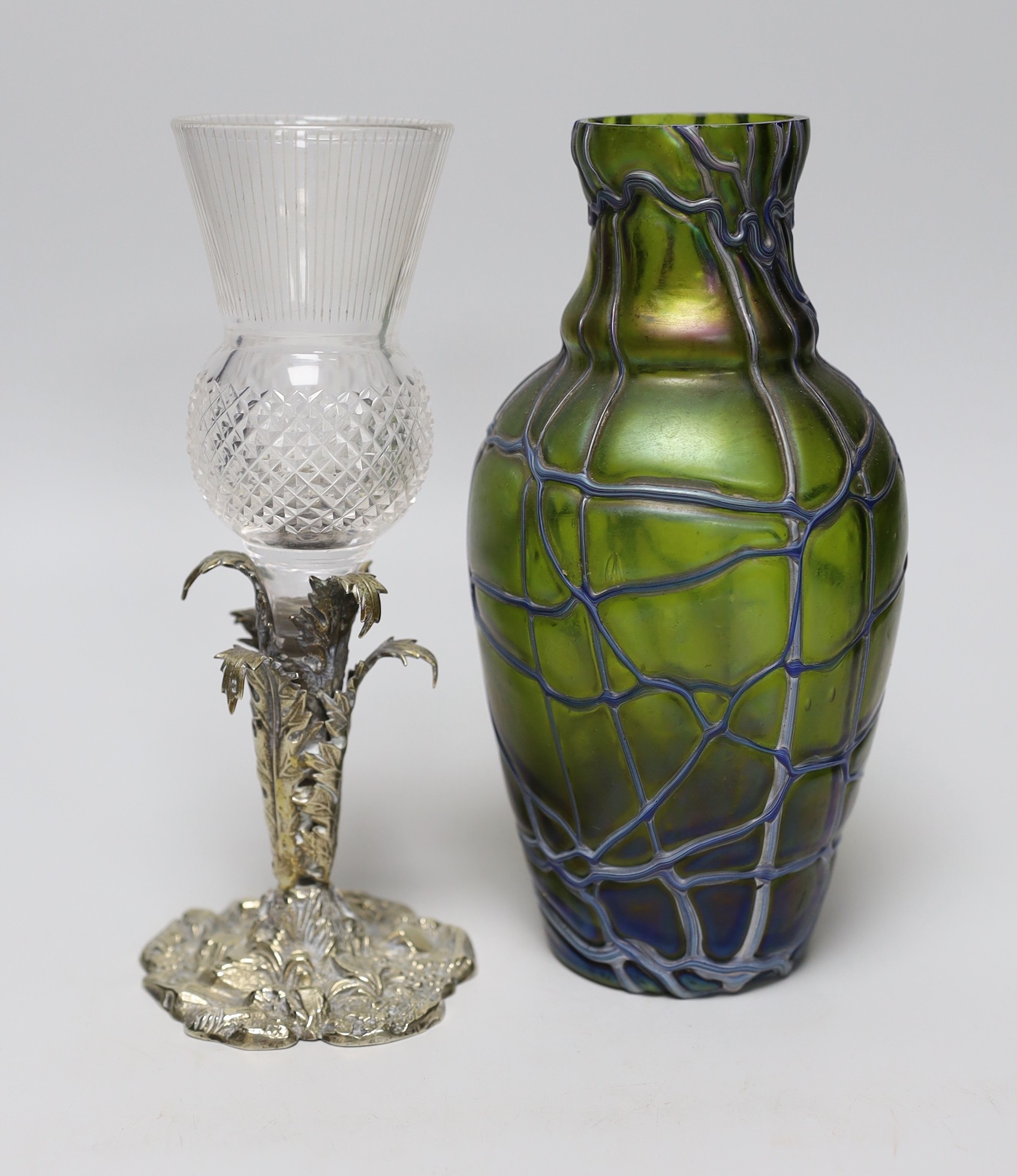 A Victorian thistle vase on cast plated base and a Pallme-Konig Art Nouveau glass vase